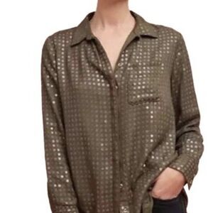 Anthropologie Maeve Arwa Olive Green Sequin Blouse, Size M